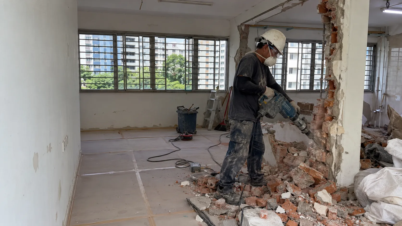 Worker hacking a partition wall in a Singapore HDB flat