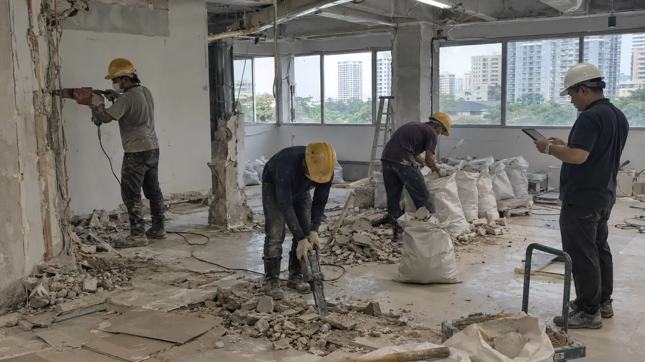 Bellevill crew hacking walls and floors in a commercial unit